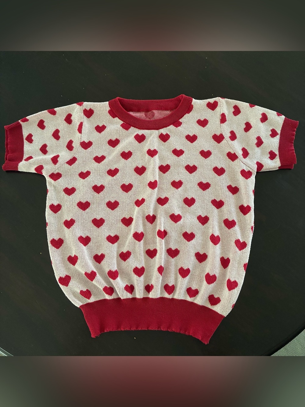 Knitted Heart Print Short Sleeve Sweater Tee - Red & White
